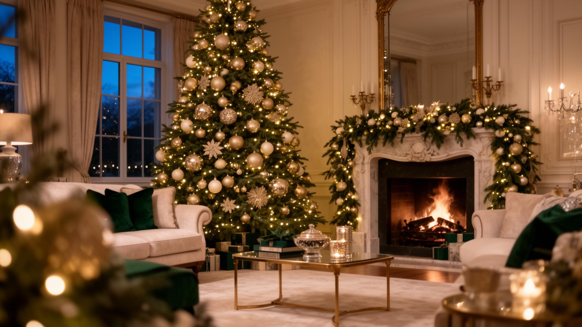 Luxury Christmas living room with elegant tree and warm fireplace